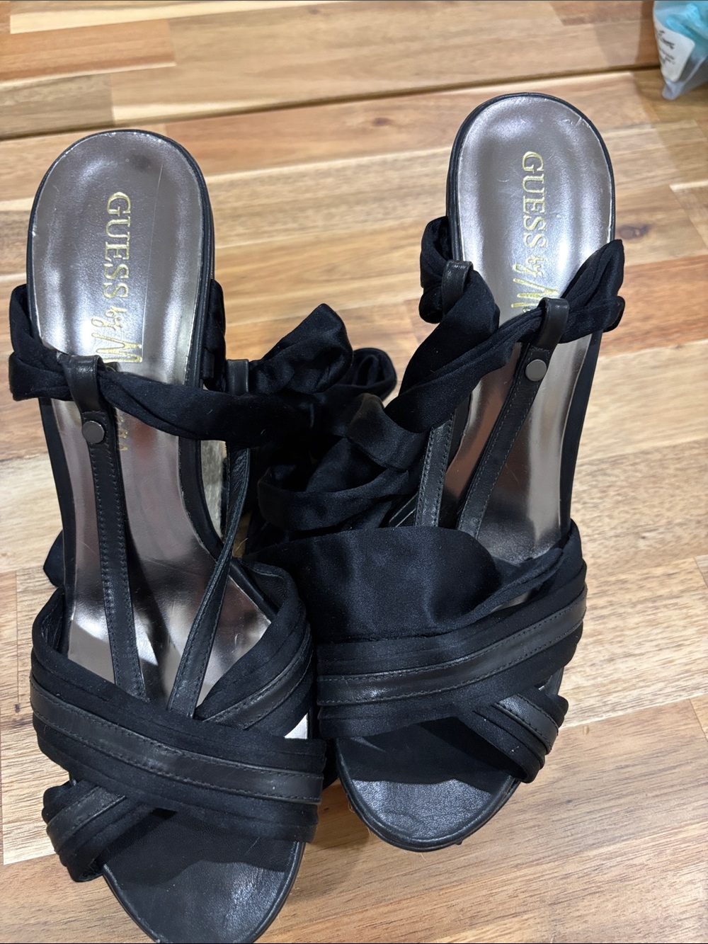 Guess Black Satin Crisscross Wedge Sandals